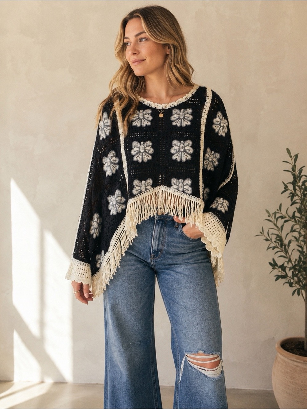 House of Harlow 1960 Black Crochet Floral Fringe Poncho Sweater One Size